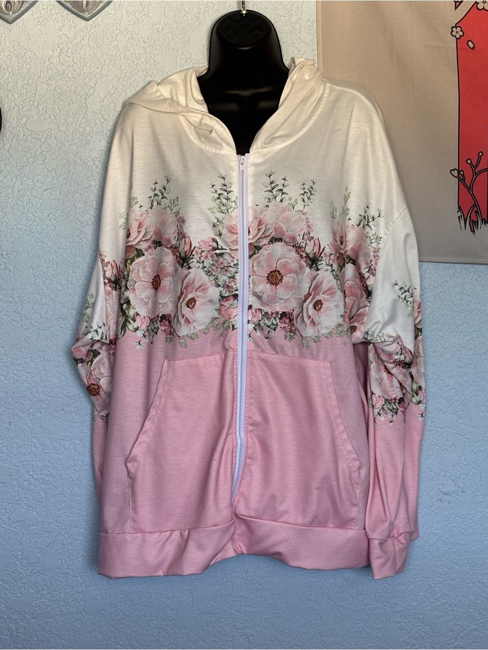 Pink & Cream Floral Zip Hoodie - Lightweight Women's Hoodie